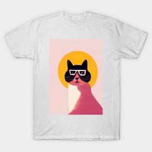 Holy Hipster Cat Retro Poster Vintage Art Cat Wall Yellow Pink Illustration T-Shirt